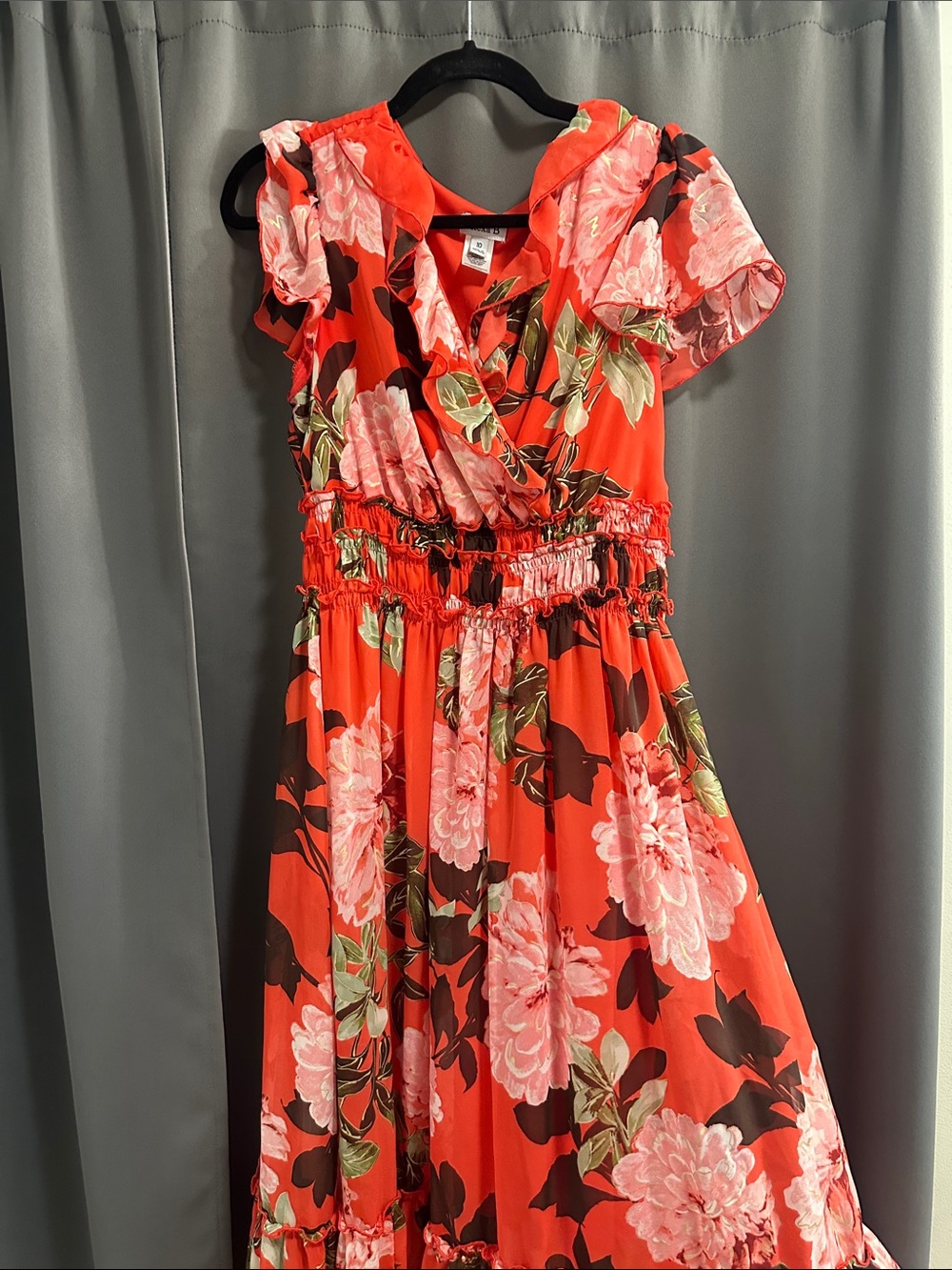 Floral Red Maxi Dress with Ruffle Sleeves
